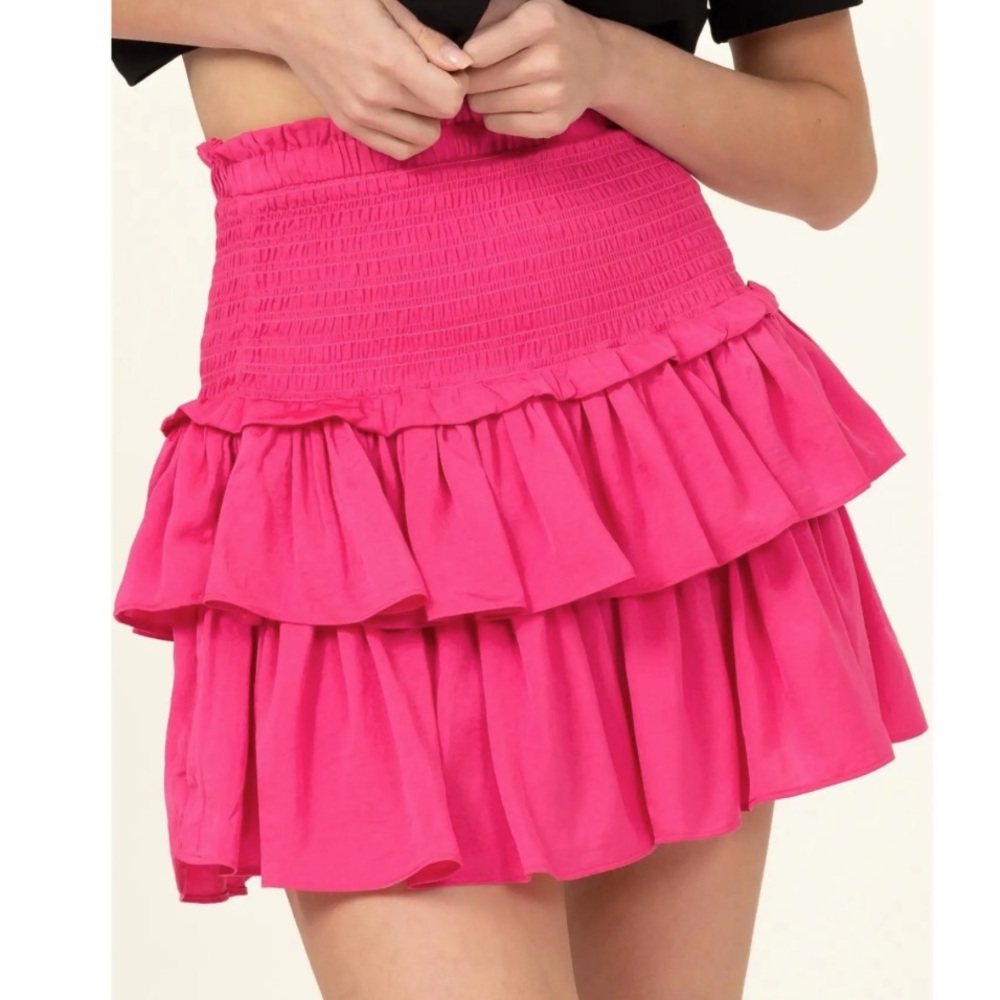 Pink ruffle mini skirt high waisted smocked layered skirt -M